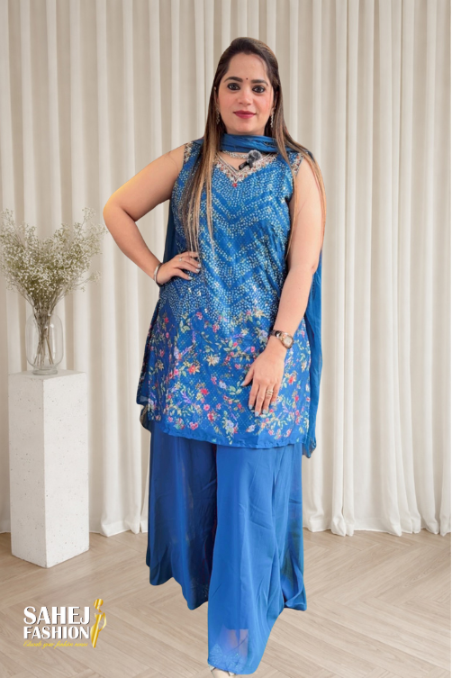 Bandhni Print Embroidered Kurta Sharara Set