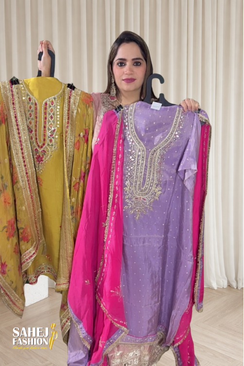 Beautiful Unstitched Ethnic Wear Shimmer Gota Pati Suit